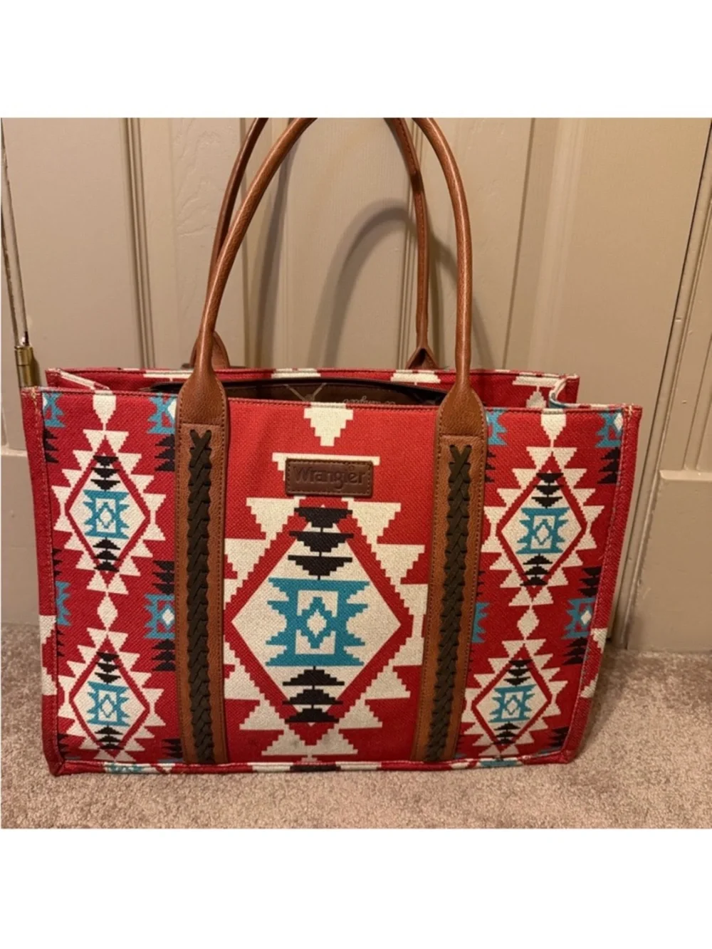 Wrangler Red Aztec Pattern Tote with Brown Leather Handles - Picture 2 of 3